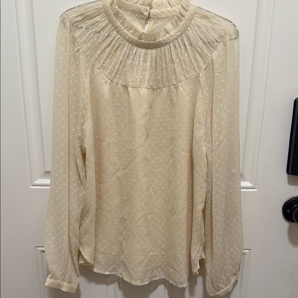 LOFT Cream Long Sleeve Blouse with Pleated Bib Collar